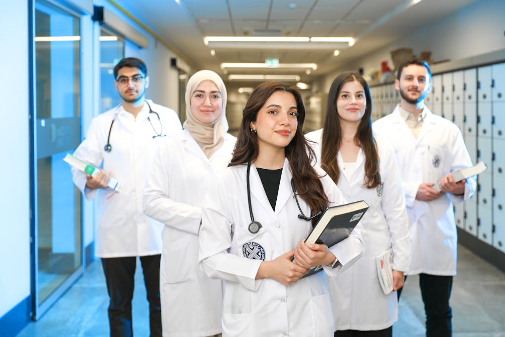 Group of diverse medical students wearing lab coats in university corridor, representing future healthcare professionals.